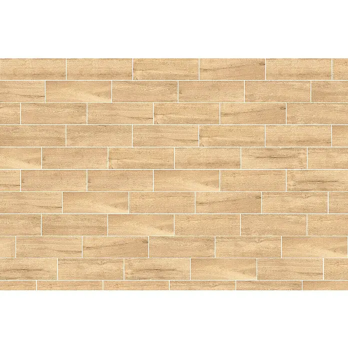 Pavimento cerámico Colorado - 57 x 19 cm, Natural, Mate - Patrón de baldosas de madera clara con líneas de lechada blanca, ideal para interiores modernos y naturales. El producto irradia calidez y elegancia.