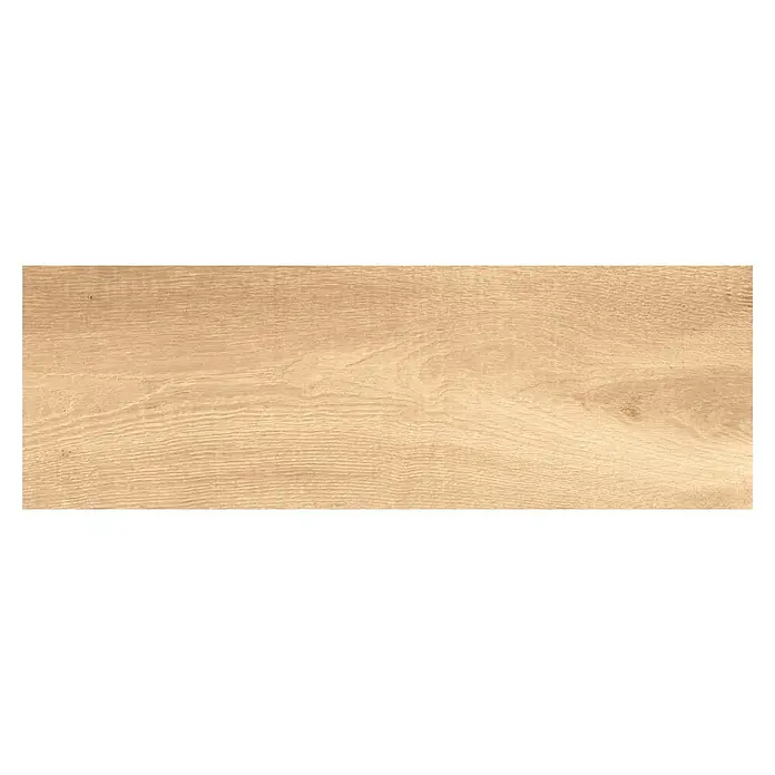 Pavimento cerámico Colorado - 57 x 19 cm, Natural, Mate - Primer plano de un panel de madera marrón claro con vetas prominentes y patrones naturales, ideal para muebles o pisos.