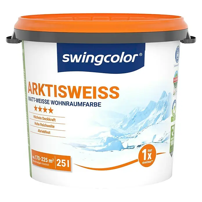 swingcolor Wandfarbe Arktisweiß - Schneeweiß, Matt, 25 l, Konservierungsmittelfrei - Ein Eimer Swingcolor Arktisweiss, matte, weiße Innenraumfarbe, ideal für Decken und Wände, Inhalt 2,5 Liter.