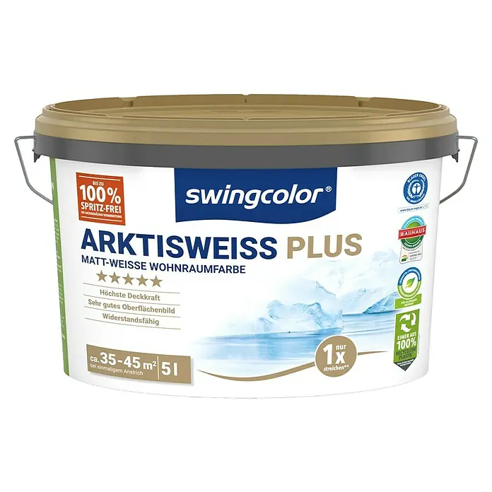 swingcolor Wandfarbe Arktisweiß Plus - Schneeweiß, Matt, 5 l - Ein Eimer Swingcolor Arktisweiss Plus, eine matte, weiße Innenfarbe mit hoher Deckkraft und guter Oberflächenbildung. Die Farbe ist widerstandsfähig und spritzfrei.