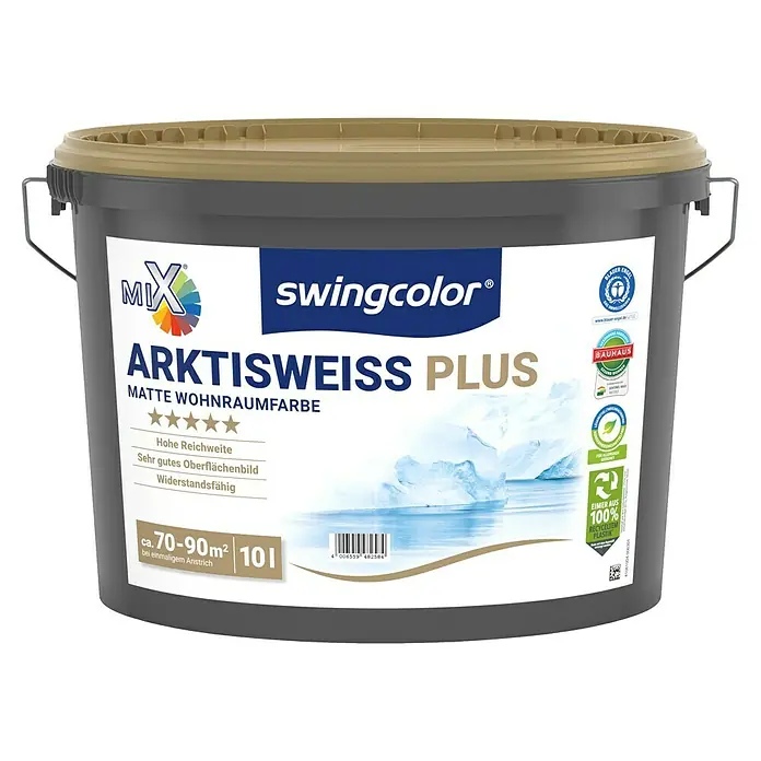 swingcolor Mix Wandfarbe Arktisweiß Plus zum Mischen lassen - Basismischfarbe 4, Matt, 10 l, Konservierungsmittelfrei - Dose Swingcolor Arktisweiss Plus matte Wohnraumfarbe, 10 Liter. Die Innenfarbe für ein schönes Zuhause mit hoher Reichweite und gutem Oberflächenbild.