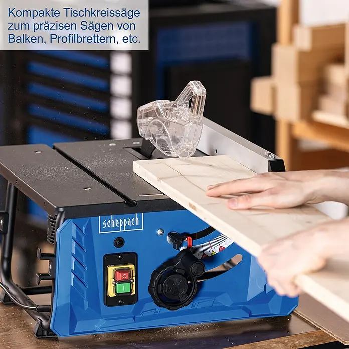 Scheppach Tischkreissäge HS210 - 1.500 W, Durchmesser Sägeblatt: 210 mm, Schnitttiefe bei 90 °: 0 mm - 70 mm - Bild einer Scheppach Tischkreissäge, die für präzise Schnitte in Holz ausgelegt ist. Ideal für Balken und Profilbretter.