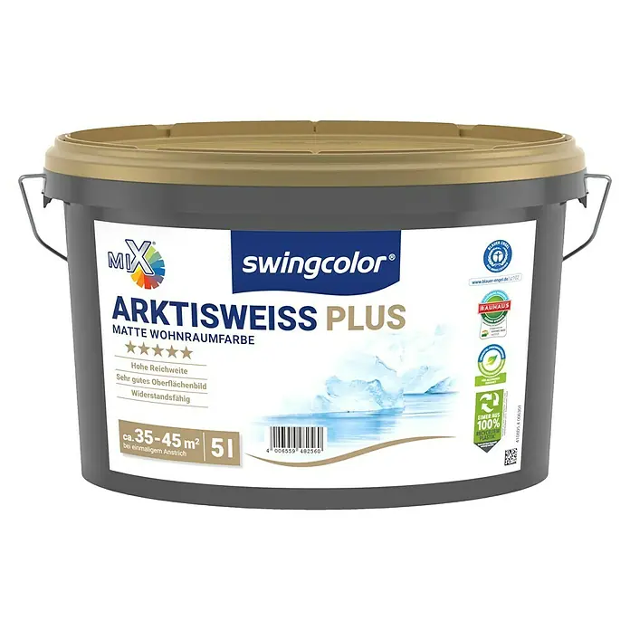 swingcolor Mix Wandfarbe Arktisweiß Plus zum Mischen lassen - Basismischfarbe 4, Matt, 5 l, Konservierungsmittelfrei - Abbildung eines grauen Farbeimers "Arktisweiss Plus" von Swingcolor, geeignet für Wohnräume, matt, mit einer Reichweite von ca. 35-45 m².