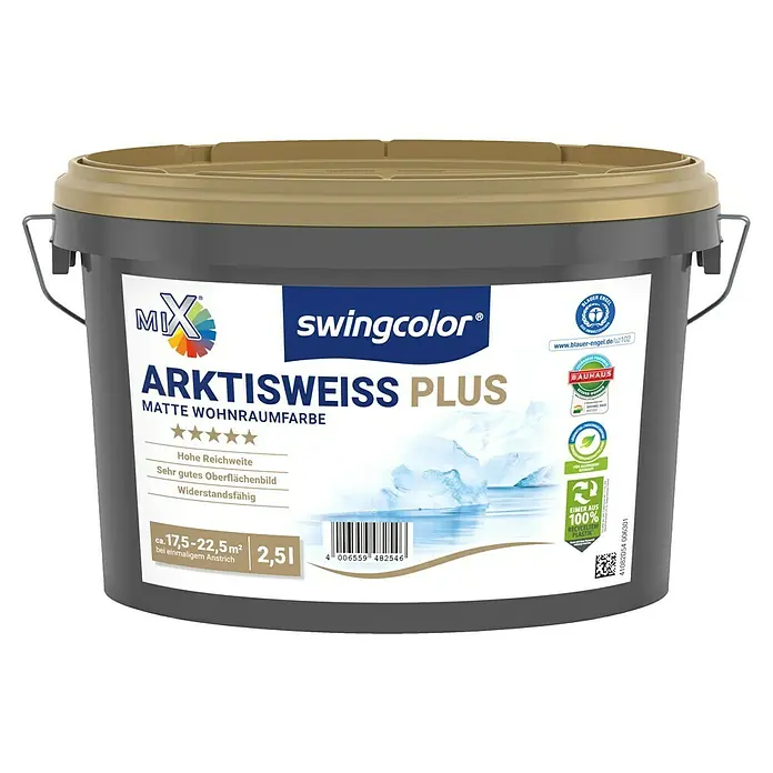 swingcolor Mix Wandfarbe Arktisweiß Plus zum Mischen lassen - Basismischfarbe 2, Matt, 2,5 l, Konservierungsmittelfrei - Farbbehälter Swingcolor Arktisweiss Plus.