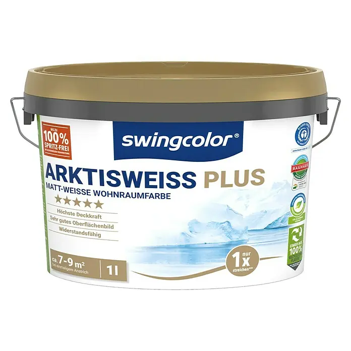 swingcolor Wandfarbe Arktisweiß Plus - Schneeweiß, Matt, 1 l - Abbildung eines 1-Liter-Eimers Swingcolor Arktisweiss Plus, einer matten, weißen Innenraumfarbe mit hoher Deckkraft und Widerstandsfähigkeit.