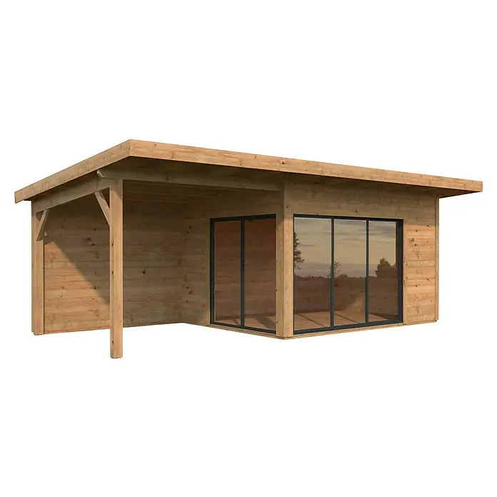 Palmako Gartenhaus Andrea Slide Plus - Außenmaß inkl. Dachüberstand (B x T): 715 x 402 cm, Tauchgrundiertes Holz, Hellbraun - Holzgebäude mit Schiebetüren und überdachtem Eingangsbereich. Das Haus hat eine natürliche Holzoptik und moderne Schiebefenster.