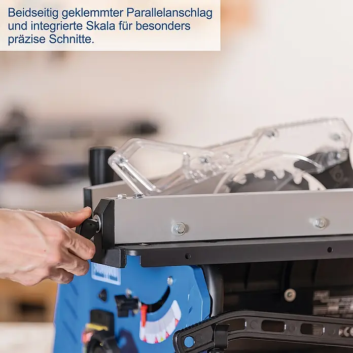 Scheppach Tischkreissäge HS210 - 1.500 W, Durchmesser Sägeblatt: 210 mm, Schnitttiefe bei 90 °: 0 mm - 70 mm - Der Parallelanschlag der Tischkreissäge ist beidseitig geklemmt und verfügt über eine integrierte Skala für präzise Schnitte.