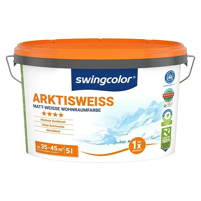 swingcolor Wandfarbe Arktisweiß - Schneeweiß, Matt, 5 l, Konservierungsmittelfrei - Farbeimer Swingcolor Arktisweiss, matte Innenfarbe für Wohnräume, hohe Deckkraft, Reichweite und Abriebfestigkeit, 5 Liter.