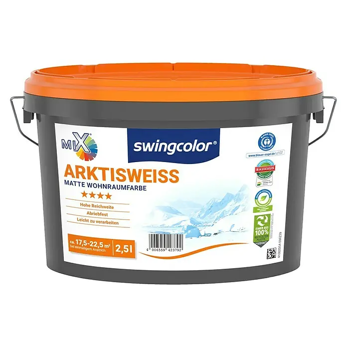 swingcolor Mix Wandfarbe Arktisweiß zum Mischen lassen - Basismischfarbe 4, Matt, 2,5 l, Konservierungsmittelfrei - Abbildung eines grauen Farbeimers mit orangefarbenem Deckel, der Arktisweiss Matte Wohnraumfarbe von Swingcolor enthält.