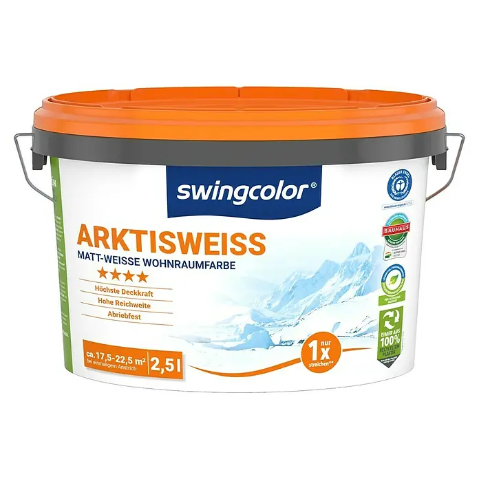 swingcolor Wandfarbe Arktisweiß - Schneeweiß, Matt, 2,5 l, Konservierungsmittelfrei - Farbeimer Swingcolor Arktisweiss, matte Innenfarbe für Wohnräume, 2,5l. Hohe Deckkraft, große Reichweite, abriebfest und hergestellt aus 100% recyceltem Plastik.