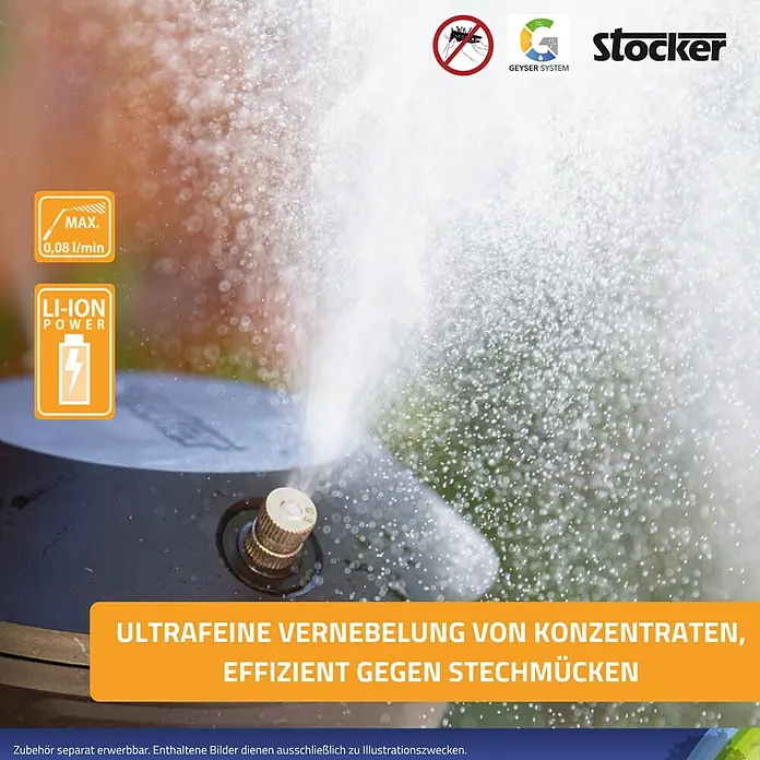 Stocker Geyser Stechmückenschutz Nebulisator - 2 l, 1 Akku - Nahaufnahme eines Stocker-Geräts zur Vernebelung von Konzentraten gegen Stechmücken, mit Infos zu Leistung und Durchfluss.
