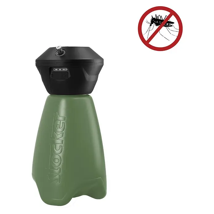 Stocker Geyser Stechmückenschutz Nebulisator - 2 l, 1 Akku - Stocker Mückenbekämpfer mit grünem Behälter und schwarzem Kopf. Das Gerät hat ein Symbol, das eine Mücke verbietet.