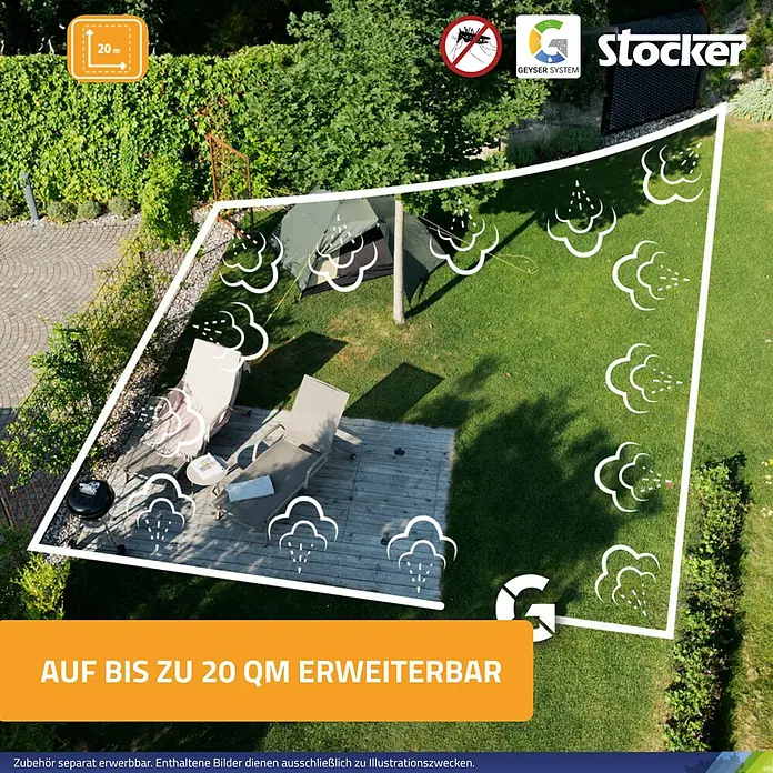 Stocker Geyser Stechmückenschutz Nebulisator - 2 l, 1 Akku - Bild eines Stocker-Geysir-Systems, das Mücken abwehrt und die Kühlung im Außenbereich verbessert. Ideal für Gärten und Terrassen bis 20 m².