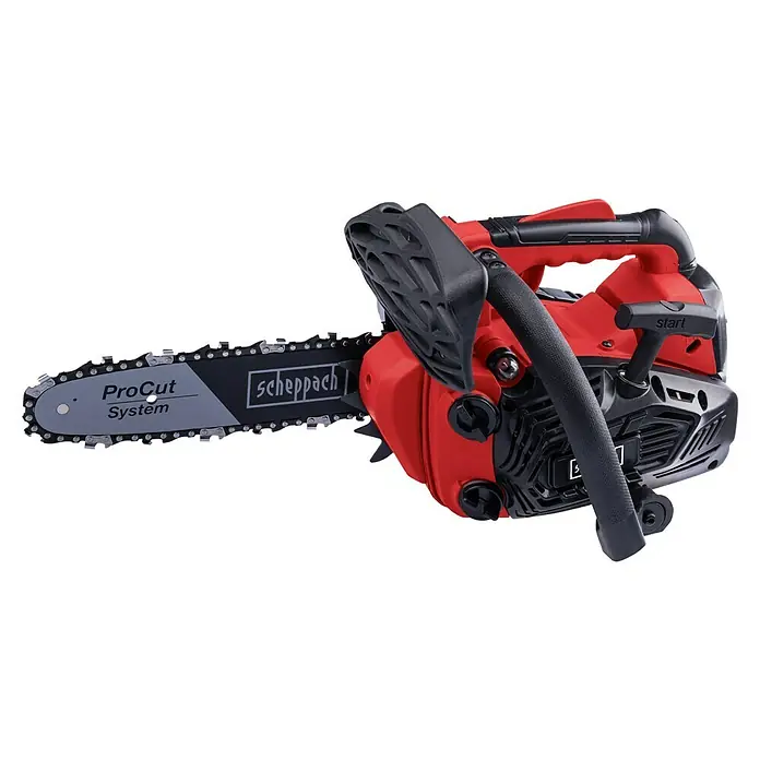 Scheppach Benzin-Kettensäge PCS26 Tophandle - 0,7 kW, 25,4 cm³, Schwertlänge: 25 cm - Eine rote Scheppach Kettensäge mit schwarzer ProCut System-Sägekette für den professionellen Einsatz.