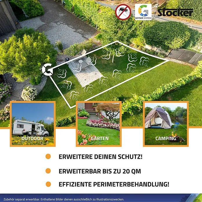 Stocker Geyser Stechmückenschutz Nebulisator - 2 l, 1 Akku - Produktbild mit dem Stocker Geyser System, das Schutz für Outdoor-Aktivitäten, Gärten und Camping bietet.