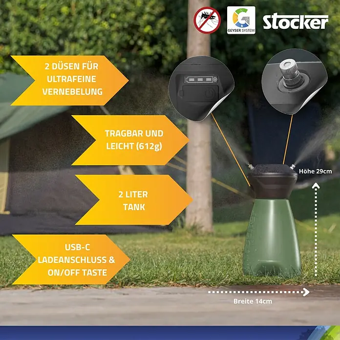 Stocker Geyser Stechmückenschutz Nebulisator - 2 l, 1 Akku - Das Bild zeigt einen Vernebler der Marke Stocker mit den Eigenschaften: 2 Düsen, 2 Liter Tank, USB-C Ladeanschluss, 612g leicht.