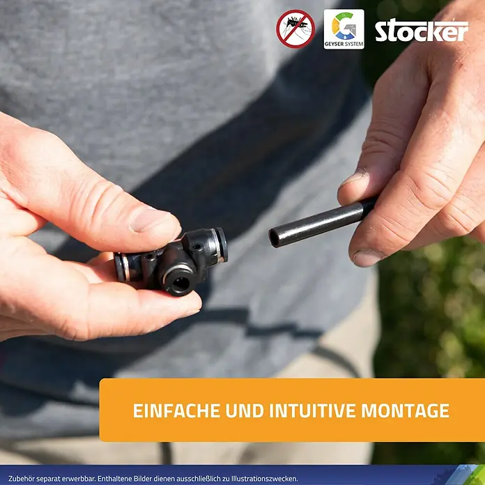 Stocker Geyser Stechmückenschutz Nebulisator - 2 l, 1 Akku - Nahaufnahme eines Stocker-Bewässerungssystems, das eine einfache und intuitive Montage zeigt.