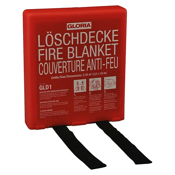 Gloria Löschdecke GLD 1 - L x B: 120 x 180 cm - Nahaufnahme einer roten Gloria Löschdecke, geeignet für Fettbrände in der Küche, mit Anweisungen zur sicheren Anwendung.