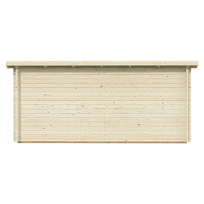 Palmako Gartenhaus Lea Slide Plus - Außenmaß inkl. Dachüberstand (B x T): 494 x 402 cm, Unbehandeltes Holz, Natur - Nahaufnahme einer hellen Holzwand, die die natürliche Maserung und Textur des Holzes hervorhebt und ein rustikales Erscheinungsbild vermittelt.