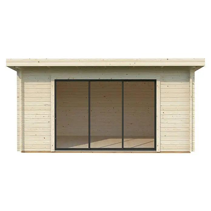 Palmako Gartenhaus Lea Slide Plus - Außenmaß inkl. Dachüberstand (B x T): 494 x 402 cm, Unbehandeltes Holz, Natur - Frontansicht eines Holzhauses mit großer Fensterfront, die viel Licht hereinlässt und eine moderne Ästhetik verleiht.