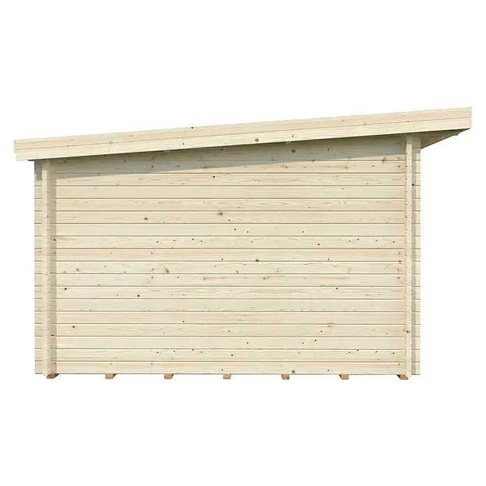 Palmako Gartenhaus Lea Slide Plus - Außenmaß inkl. Dachüberstand (B x T): 494 x 402 cm, Unbehandeltes Holz, Natur - Eine Nahaufnahme eines Holzschuppens mit einem geneigten Dach, das die natürliche Maserung und die helle Farbe des Holzes hervorhebt.