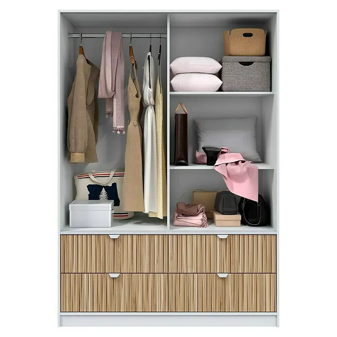 Armario de puertas correderas Ega - L x An x Al: 60 x 140 x 200 cm, Blanco Artik/Natur - Armario con ropa, almohadas, bolsos y cestas. Solución de almacenamiento práctica para un hogar elegante y organizado.