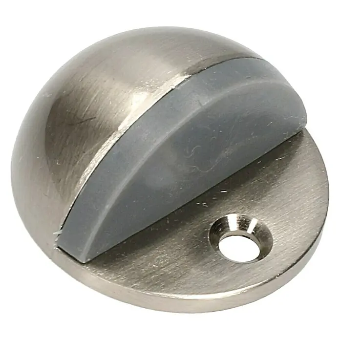 Türstopper halbrund - Durchmesser: 45 mm, Montageart: Schrauben, Silber/Schwarz - Nahaufnahme eines silbernen Türstoppers mit Gummidämpfer und Schraubenloch.
