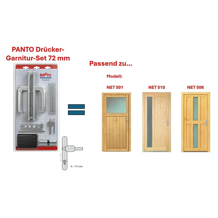 Panto Nebeneingangstür NET 510 - 88 x 200 cm, DIN Anschlag: Links - PANTO Drücker-Garnitur-Set 72 mm, passend zu Tür-Modellen NET 501, NET 510 und NET 506. Das Set beinhaltet alle notwendigen Zubehörteile für die Montage.