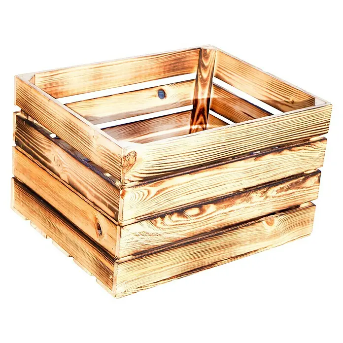 Holzregal - B x H: 40 x 30 cm, Holz, Braun - Ansicht einer rustikalen Holzkiste, ideal für die Lagerung oder als dekoratives Element mit ihrer verbrannten Holzoptik und stabiler Bauweise.