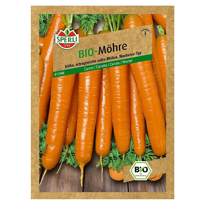 Sperli Gemüsesamen Bio Möhre - Bio, Daucus carota, Erntezeit: Juni - Samentüte für Bio-Möhren der Sorte Nantaise-Typ von Sperli, ideal für den Anbau ertragreicher, süßer Karotten im eigenen Garten.