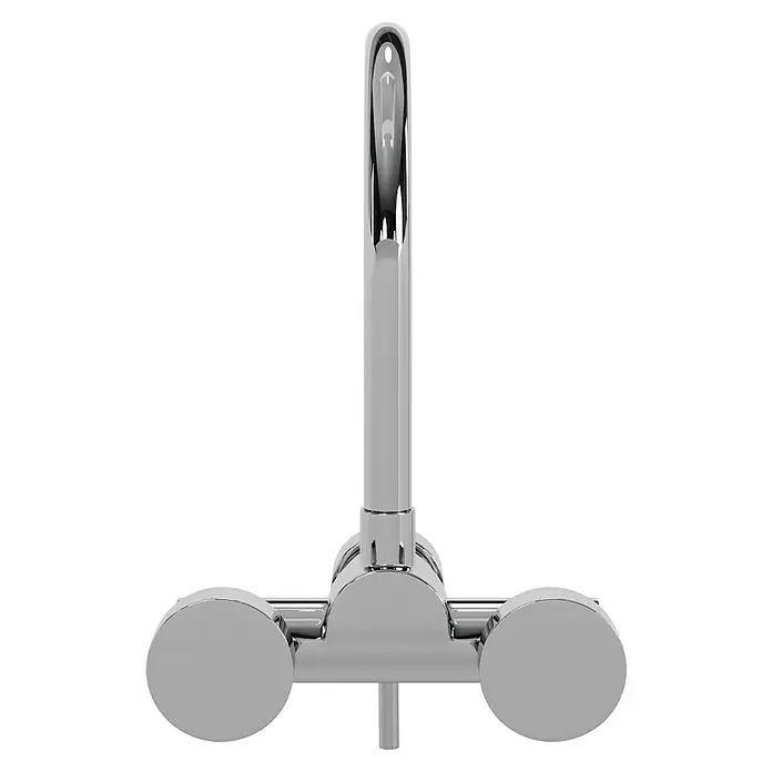 Grohe Concetto Spültischarmatur - Chrom, Glänzend, Wandmontage - Nahaufnahme einer glänzenden, modernen Mischbatterie mit rundlichen Bedienelementen auf einem dunklen Hintergrund.