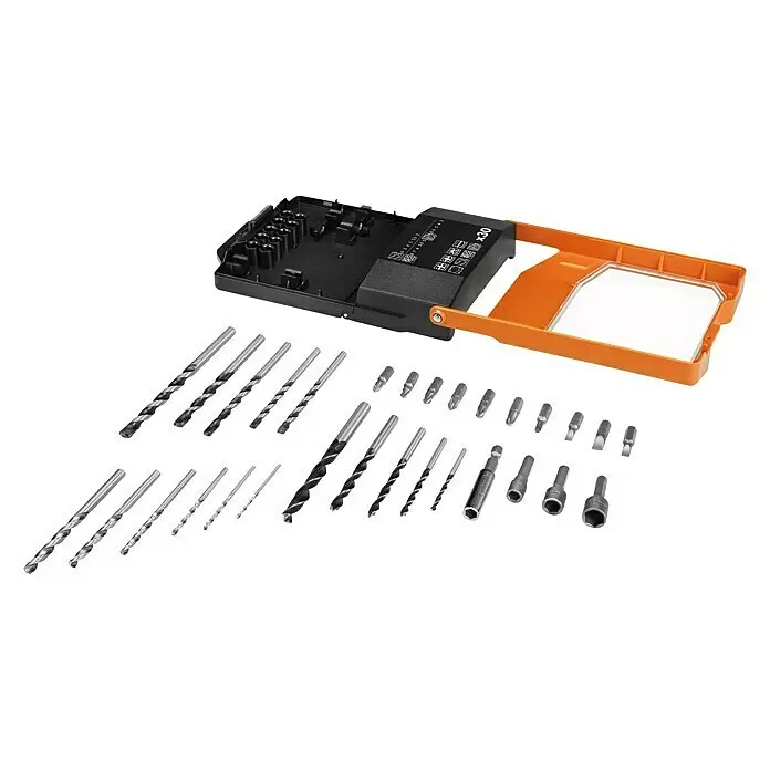 AEG Pro 18V Taladro atornillador percutor de batería BSB 18C2-202 C - 18 V, 2 baterías, 2 Ah, 50 Nm - Un completo set de brocas y puntas de destornillador con varias brocas metálicas y una caja de almacenamiento naranja y negra.
