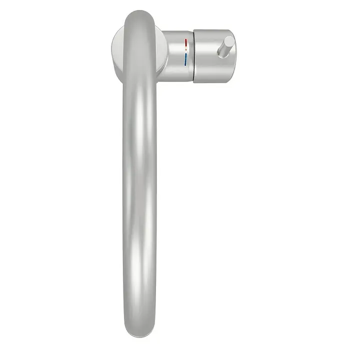 Grohe Concetto Spültischarmatur - Edelstahl, Schwenkbar - Nahaufnahme eines glänzenden, silbernen Badarmatur mit Temperaturanzeige und Hebel.