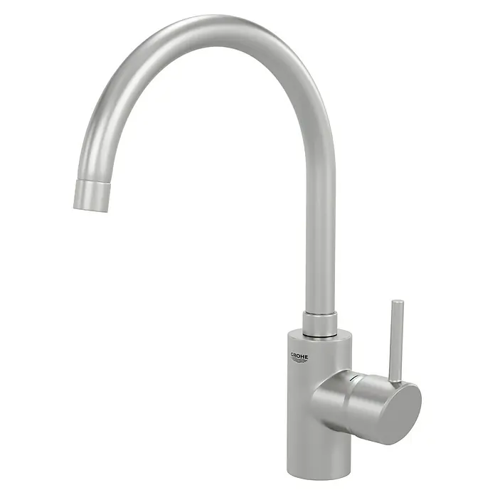 Grohe Concetto Spültischarmatur - Edelstahl, Schwenkbar - Abgebildet ist ein GROHE Küchenarmatur mit hohem Auslauf in gebürstetem Edelstahl, minimalistisch und funktional.