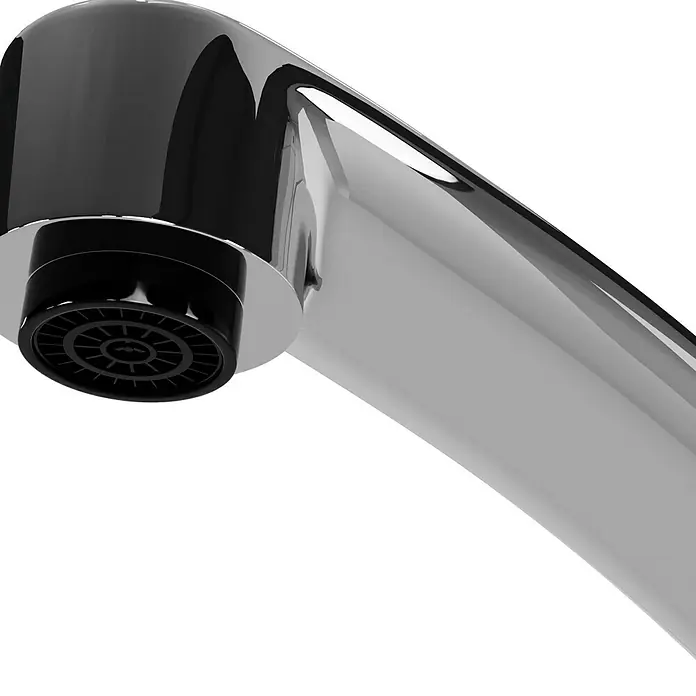 Grohe QuickFix Spültischarmatur Start - Ausladung Armatur: 227 mm, Chrom, Schwenkbereich: 140 ° - Nahaufnahme eines glänzenden Wasserhahns mit einem schwarzen Auslauf und einem silbernen Körper auf schwarzem Hintergrund.