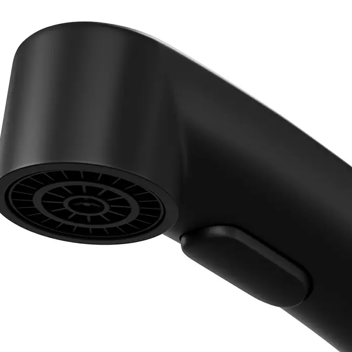 Grohe QuickFix Start Spültischarmatur - Schwarz, Schwenkbar, Matt - Nahaufnahme eines modernen, schwarzen Wasserhahns mit einem stilvollen Design und einer klaren Linienführung.