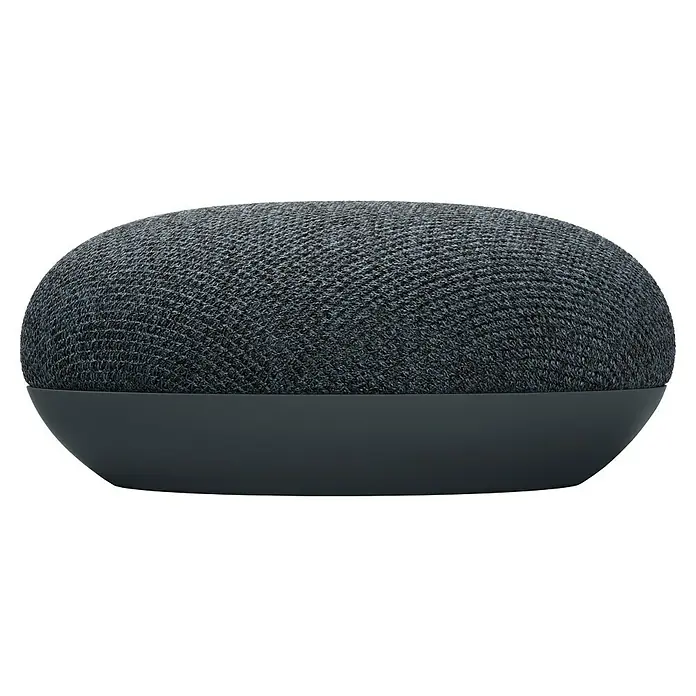 Google Nest Sprachgesteuerter Lautsprecher Mini - Carbon, Netzbetrieben, Kabellänge: 1,5 m - Nahaufnahme eines grauen Google Nest Mini Smart Speakers, der ein Stoffoberteil und eine glatte Basis hat.