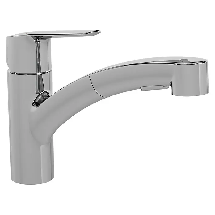 Grohe QuickFix Spültischarmatur Start - Chrom, Ausziehbar, Glänzend - Nahaufnahme einer glänzenden Chrom-Küchenarmatur mit schlankem Design und hohem Auslauf, ideal für moderne Küchen.