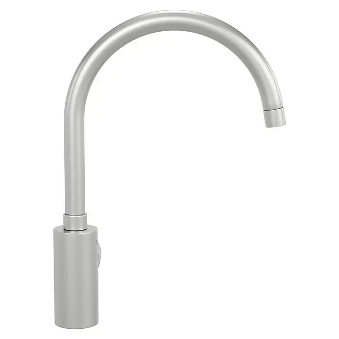 Grohe Concetto Spültischarmatur - Edelstahl, Schwenkbar - Nahaufnahme einer eleganten, gebürsteten Nickelarmatur mit geschwungenem Auslauf, die modernes Baddesign und hochwertige Verarbeitung hervorhebt.