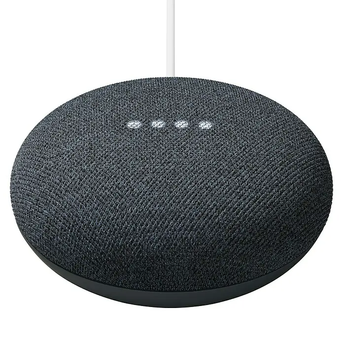 Google Nest Sprachgesteuerter Lautsprecher Mini - Carbon, Netzbetrieben, Kabellänge: 1,5 m - Das Bild zeigt einen Google Nest Mini Smart Speaker in Anthrazit mit vier leuchtenden LED-Punkten.