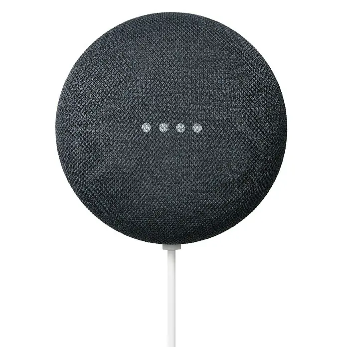 Google Nest Sprachgesteuerter Lautsprecher Mini - Carbon, Netzbetrieben, Kabellänge: 1,5 m - Nahaufnahme eines grauen Google Nest Mini Smart-Lautsprechers vor einem schwarzen Hintergrund.