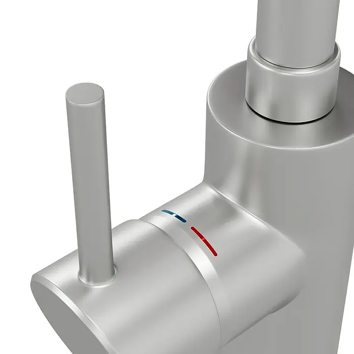 Grohe Concetto Spültischarmatur - Edelstahl, Schwenkbar - Nahaufnahme eines modernen Wasserhahns mit Temperaturanzeige. Das Design ist schlicht und elegant, perfekt für moderne Badezimmer.