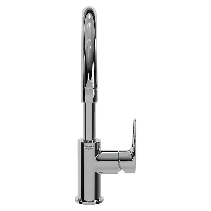 Grohe Start Loop Spültischarmatur - Chrom, Glänzend - Nahaufnahme eines glänzenden Grohe Wasserhahns, der modernes Design und hochwertige Verarbeitung vereint.