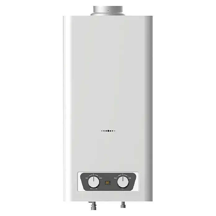 Corberó Calentador atmosférico CCATM11GBNOX - 22 kW, Caudal de agua: 11 l/min, Gas butano - Imagen de un calentador de agua blanco con botones de ajuste de temperatura y agua para un control óptimo del usuario.