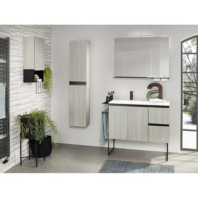 Riva Structure Waschtischunterschrank - 89,5 x 46 x 84,5 cm, Silbergrau, Matt - Das moderne Badezimmer-Ensemble mit Waschtischunterschrank, Spiegelschrank und Hängeschrank bietet stilvollen Stauraum.