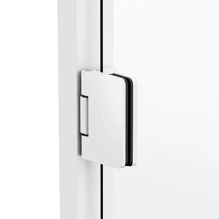 GME Mampara de ducha esquinera Glass K - L x An x Al: 70 x 45 x 195 cm, Blanco - Primer plano de una bisagra de puerta blanca y moderna en un recinto de ducha, que muestra un diseño elegante y una artesanía de alta calidad.