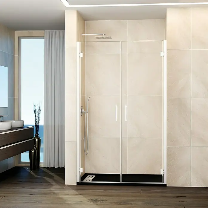 GME Mampara de ducha frontal Glass - 91,7 x 195 cm, Espesor de vidrio: 6 mm, Blanco - Elegante cabina de ducha con paneles de vidrio transparente y manijas modernas. Su diseño elegante se integra perfectamente en cualquier baño.