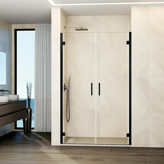 GME Mampara de ducha frontal Glass - 91,7 x 195 cm, Espesor de vidrio: 6 mm, Titanio - Vista moderna del baño con una elegante mampara de ducha con marcos negros y puertas de vidrio transparente, mostrando el diseño elegante.