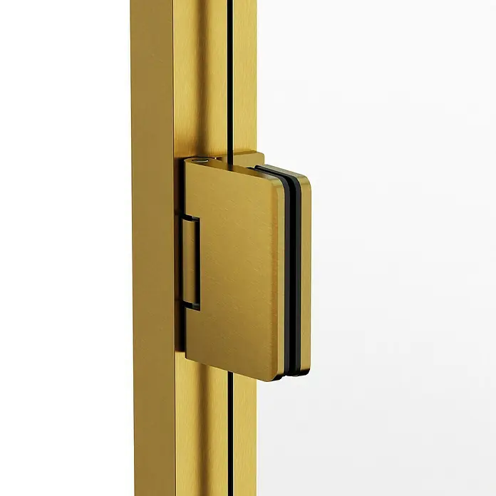 GME Mampara de ducha esquinera Glass K - L x An x Al: 45 x 80 x 195 cm, Oro - Primer plano de una bisagra dorada para puerta de ducha, que muestra un diseño elegante y robusto para accesorios de baño modernos.