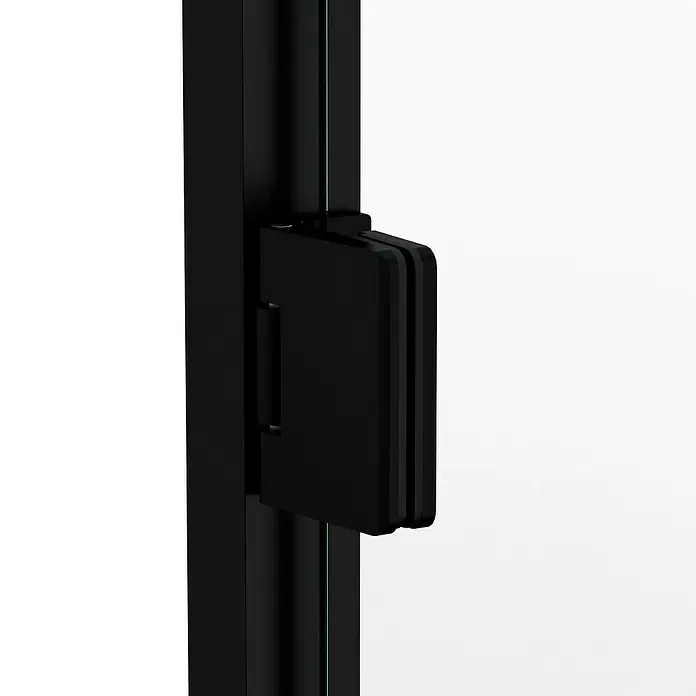 GME Mampara de ducha esquinera Glass K - L x An x Al: 65 x 45 x 195 cm, Negro - Primer plano de una bisagra de ducha negra unida a una cabina de ducha. La bisagra es un elemento clave para la construcción.